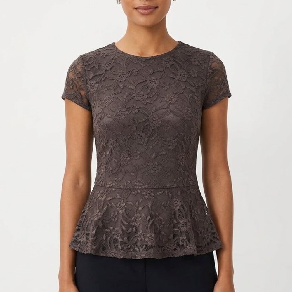 MODA INTERNATIONAL Charcoal Grey Lace Peplum Top Y2K Whimsigoth Dark Coquette M
